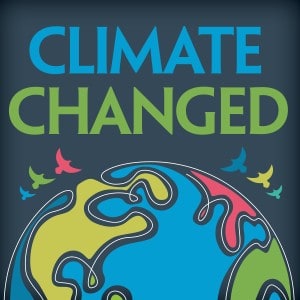 Illustration of a colorful globe with birds flying above, and above them, blue and green text that says "climate changed"